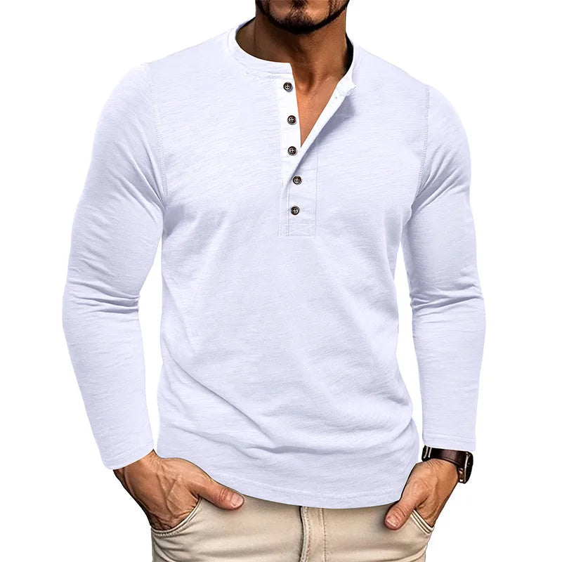 Men's Breathable Cotton-Blend Long Sleeve Henley T-Shirt