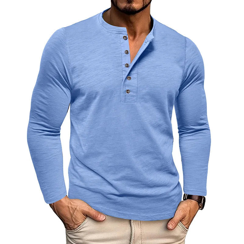 Men's Breathable Cotton-Blend Long Sleeve Henley T-Shirt