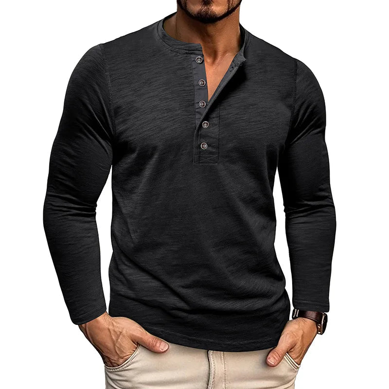 Men's Breathable Cotton-Blend Long Sleeve Henley T-Shirt