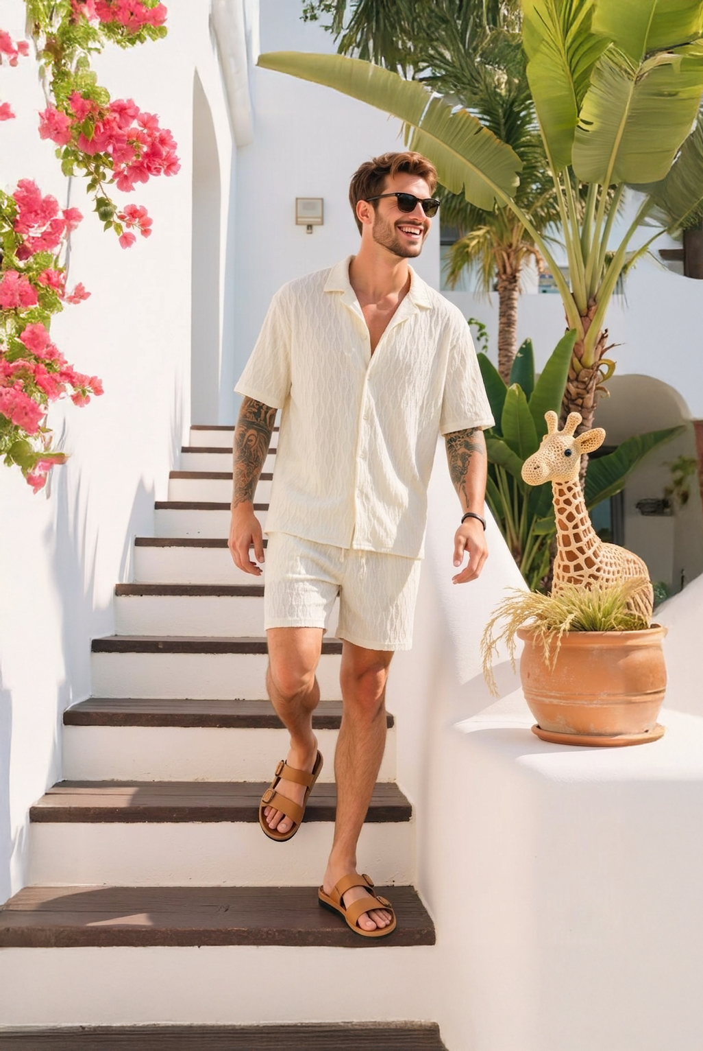 Men's Breathable Cotton Button-Down Shirt and Shorts Set