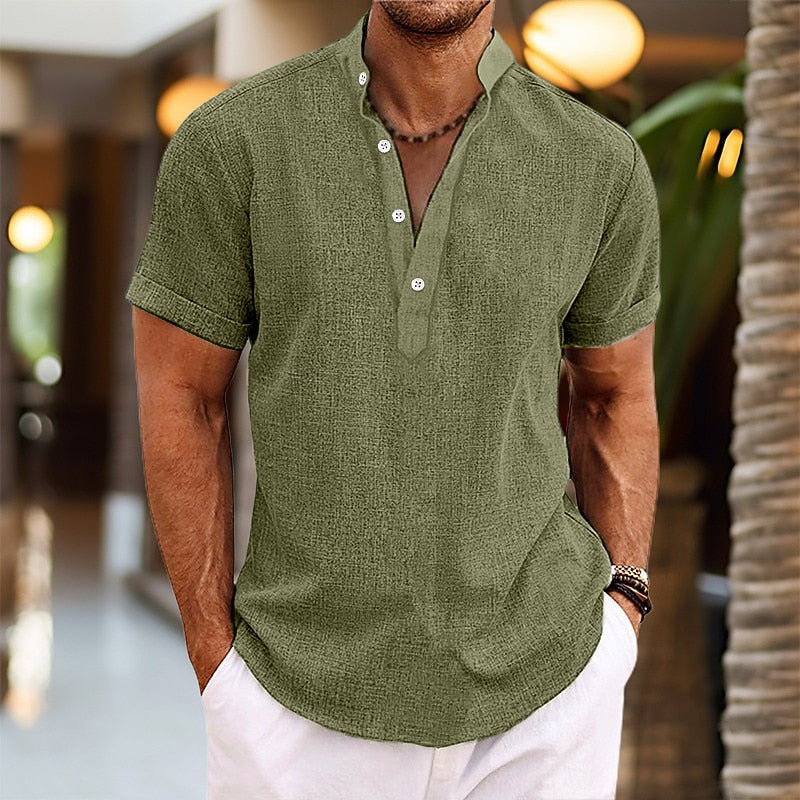 Men's Breathable Cotton Linen Henley Shirt