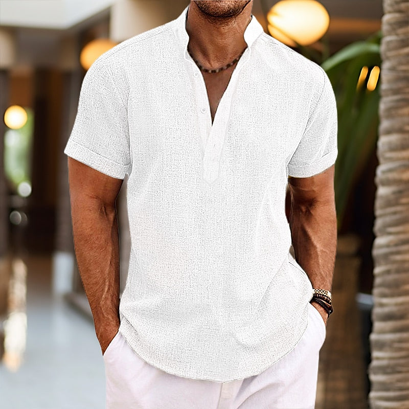 Men's Breathable Cotton Linen Henley Shirt
