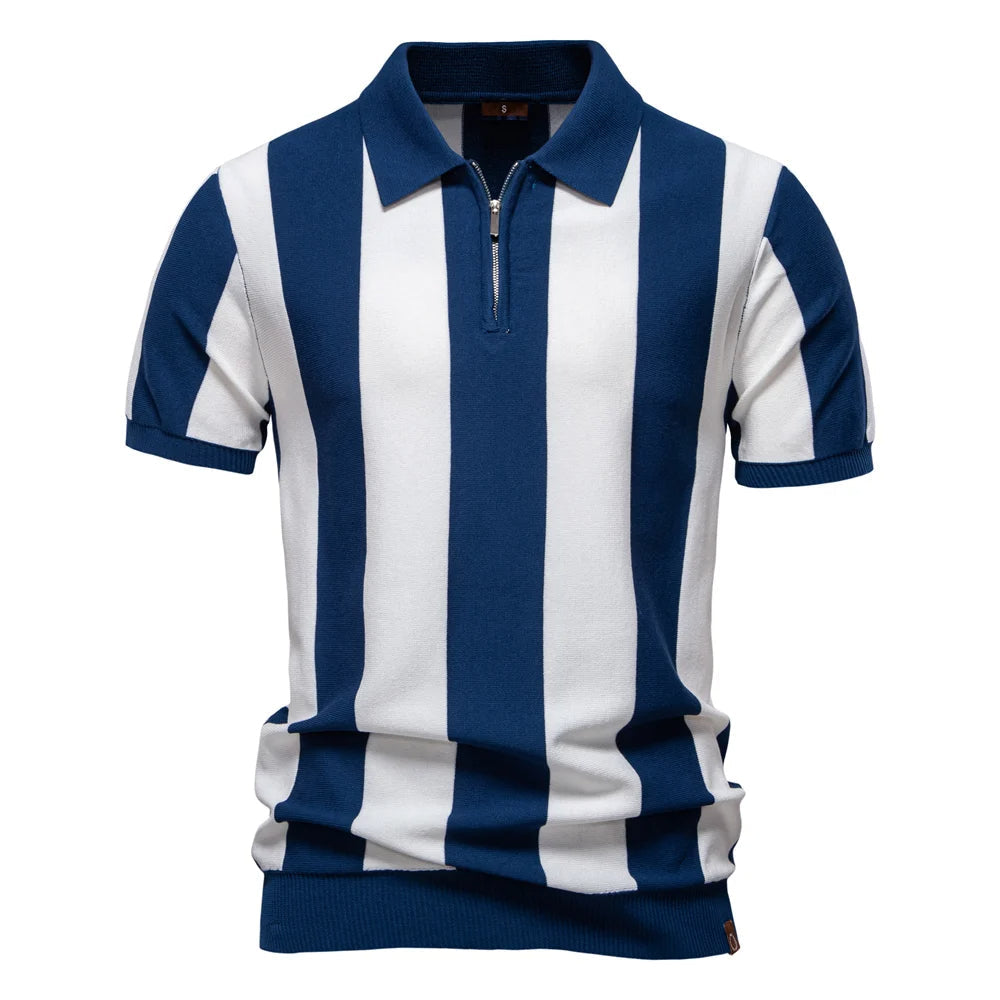 Men's Breathable Knit Stripe Zip Polo Shirt