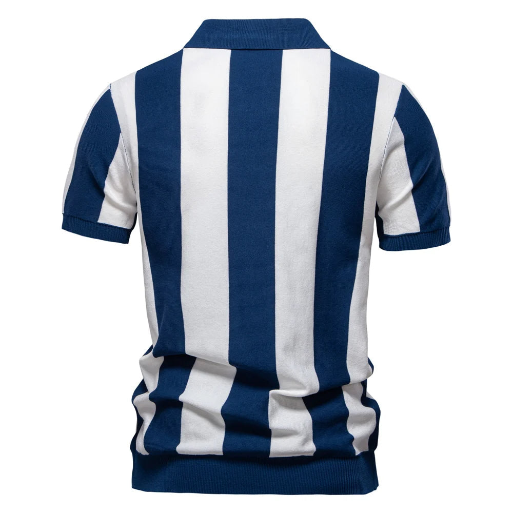 Men's Breathable Knit Stripe Zip Polo Shirt