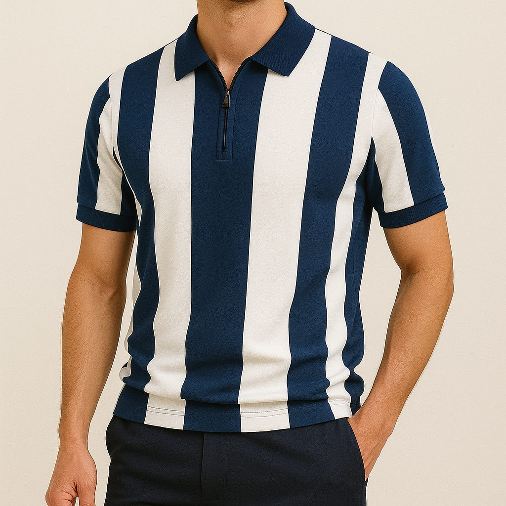 Men's Breathable Knit Stripe Zip Polo Shirt