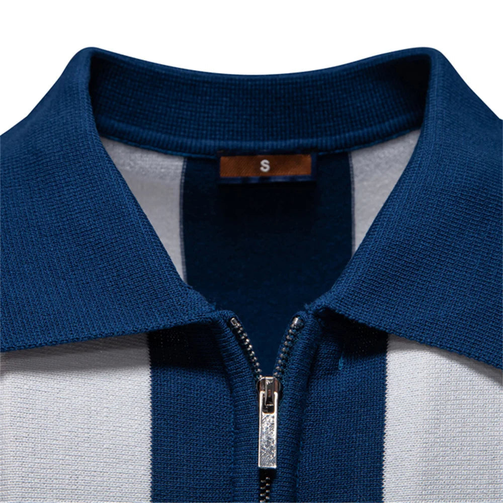 Men's Breathable Knit Stripe Zip Polo Shirt