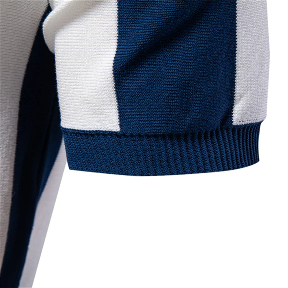 Men's Breathable Knit Stripe Zip Polo Shirt