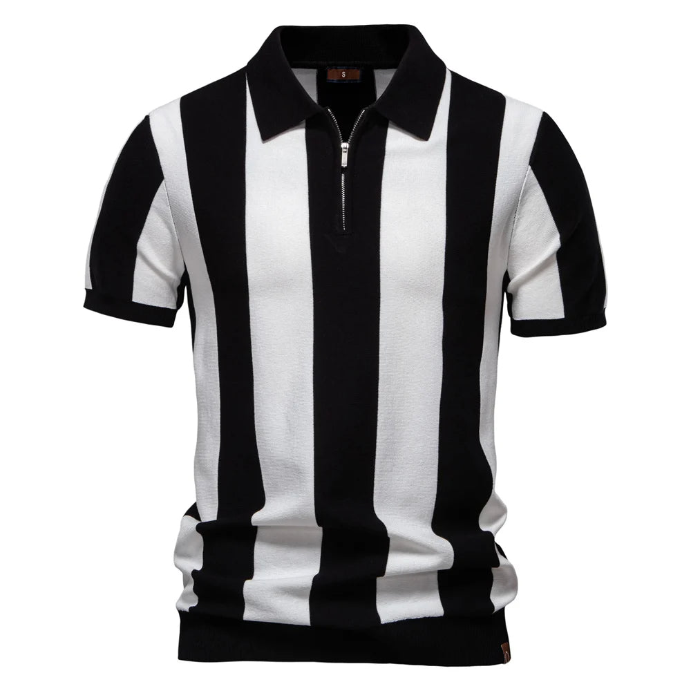 Men's Breathable Knit Stripe Zip Polo Shirt
