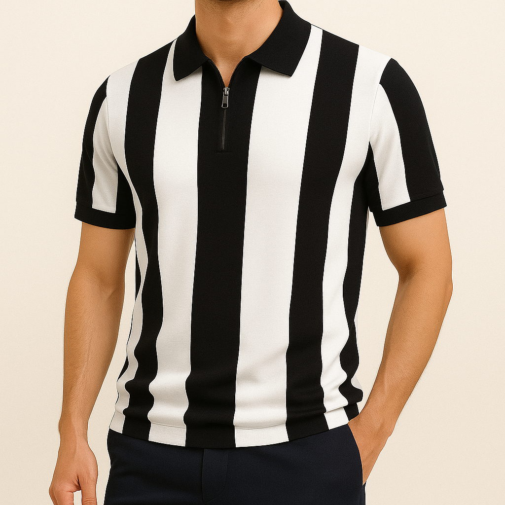 Men's Breathable Knit Stripe Zip Polo Shirt