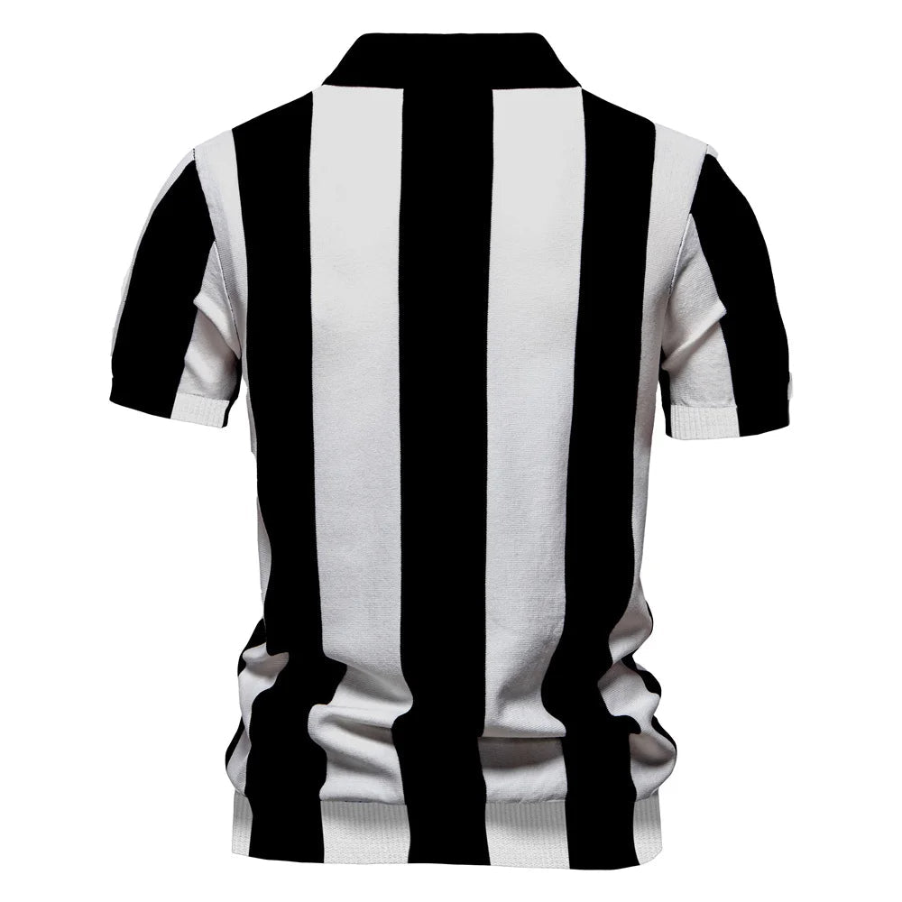 Men's Breathable Knit Stripe Zip Polo Shirt