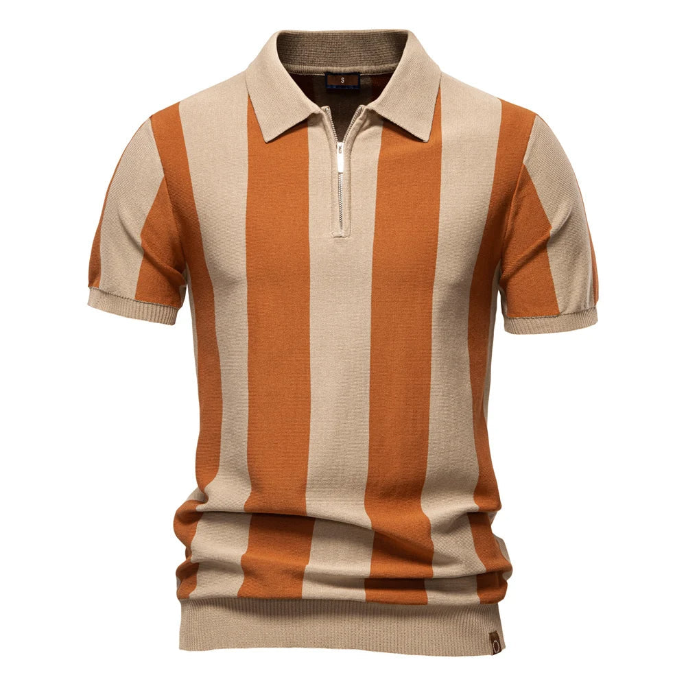 Men's Breathable Knit Stripe Zip Polo Shirt