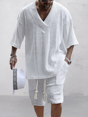 Men's Cable Knit Casual T-Shirt and Shorts Set