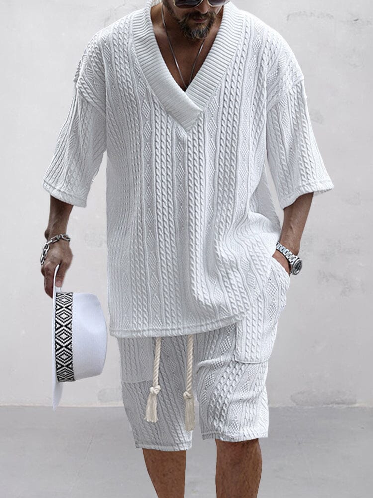 Men's Cable Knit Casual T-Shirt and Shorts Set