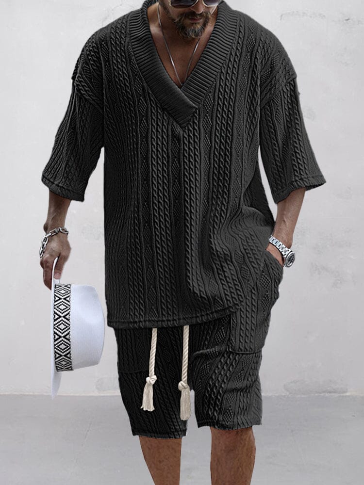 Men's Cable Knit Casual T-Shirt and Shorts Set