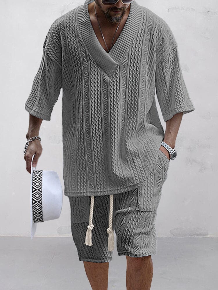Men's Cable Knit Casual T-Shirt and Shorts Set