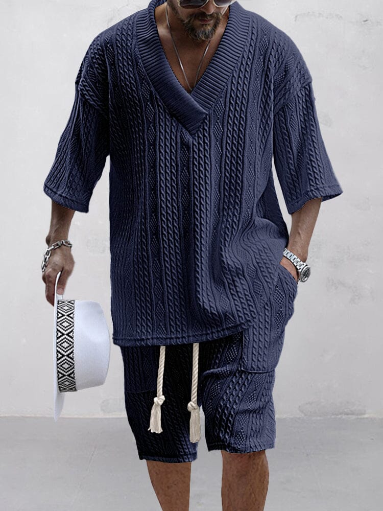 Men's Cable Knit Casual T-Shirt and Shorts Set