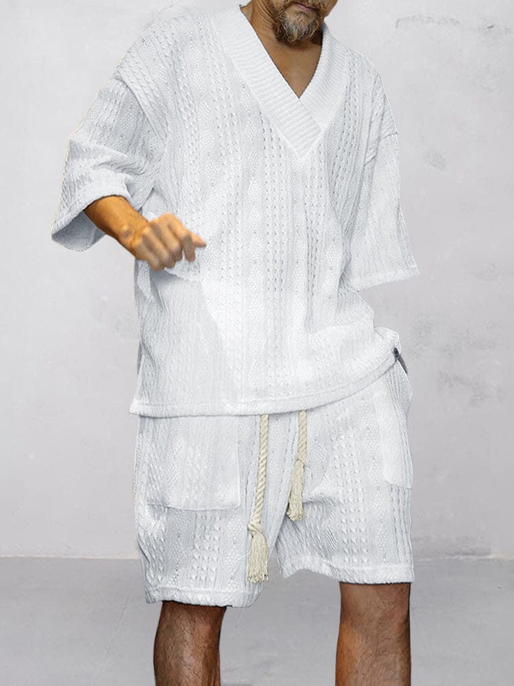 Men's Cable Knit Casual T-Shirt and Shorts Set