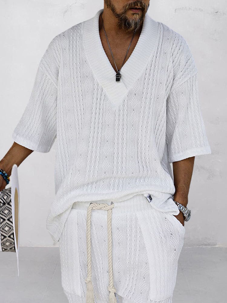 Men's Cable Knit Casual T-Shirt and Shorts Set