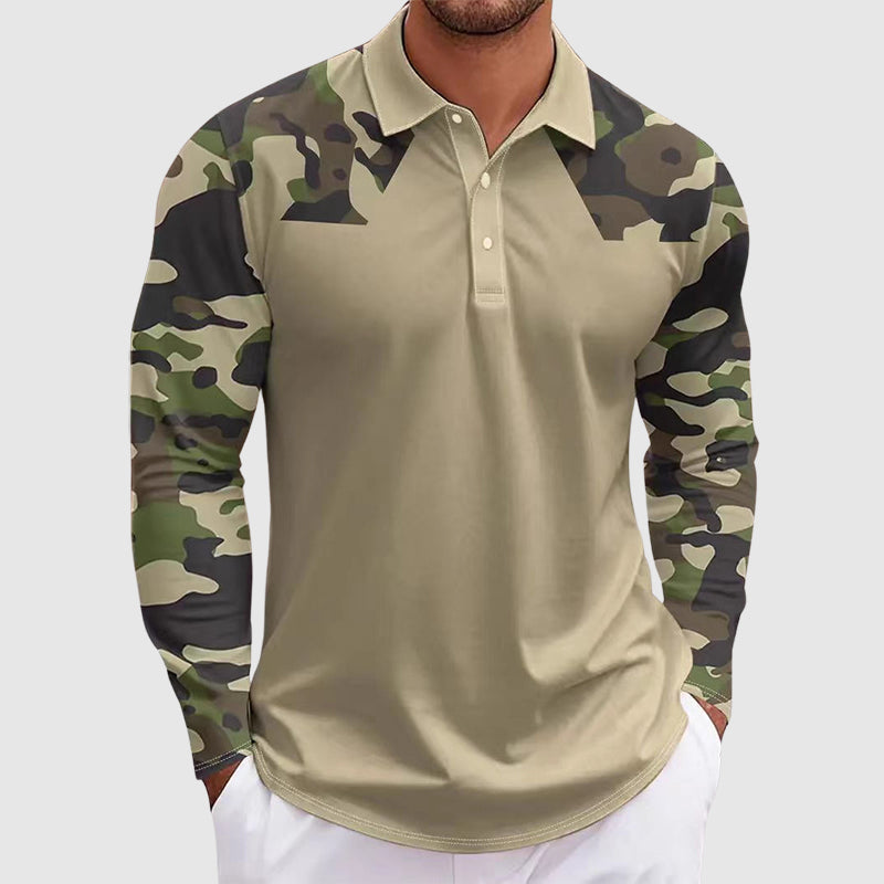 Men's Camouflage Print Long Sleeve Polo Shirt