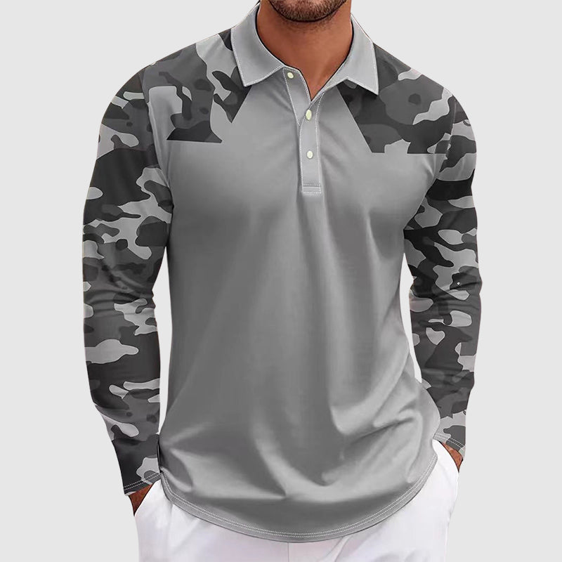 Men's Camouflage Print Long Sleeve Polo Shirt