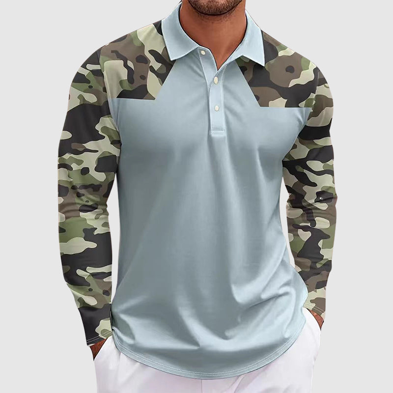 Men's Camouflage Print Long Sleeve Polo Shirt