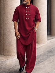 Men's Casual Button-Up Longline Top and Pants Set