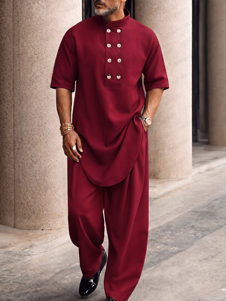 Men's Casual Button-Up Longline Top and Pants Set