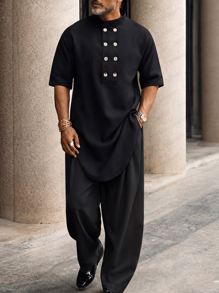 Men's Casual Button-Up Longline Top and Pants Set