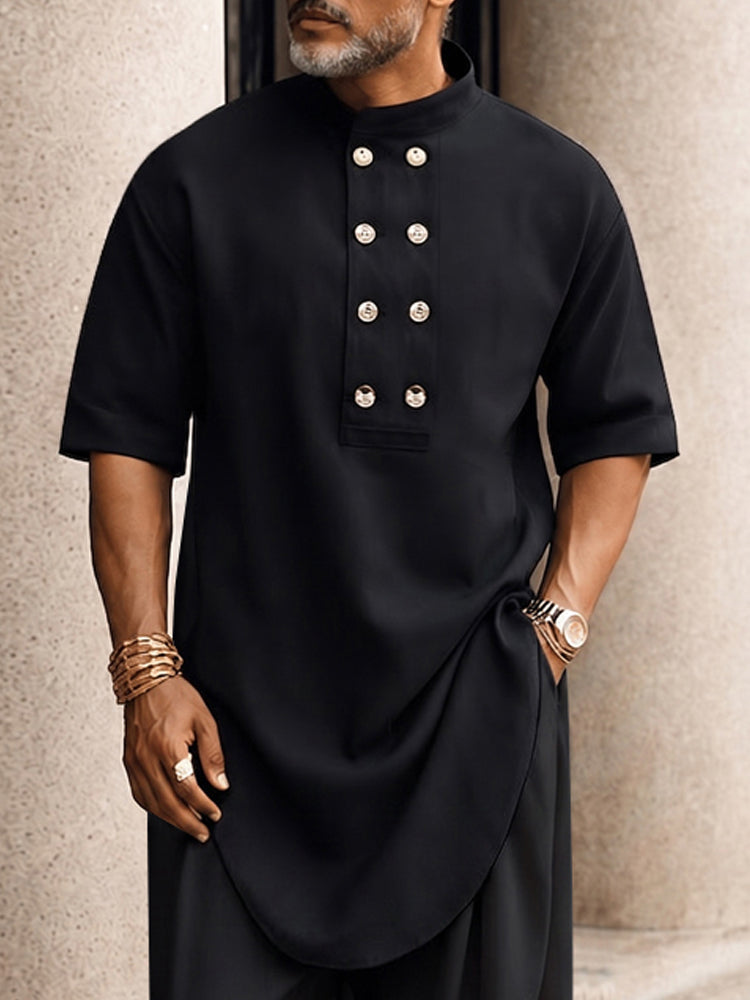 Men's Casual Button-Up Longline Top and Pants Set
