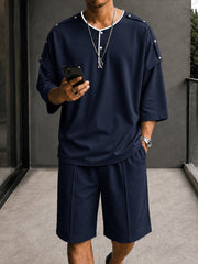 Men’s Casual Henley Two-Piece Set – Short Sleeve Top & Drawstring Pants