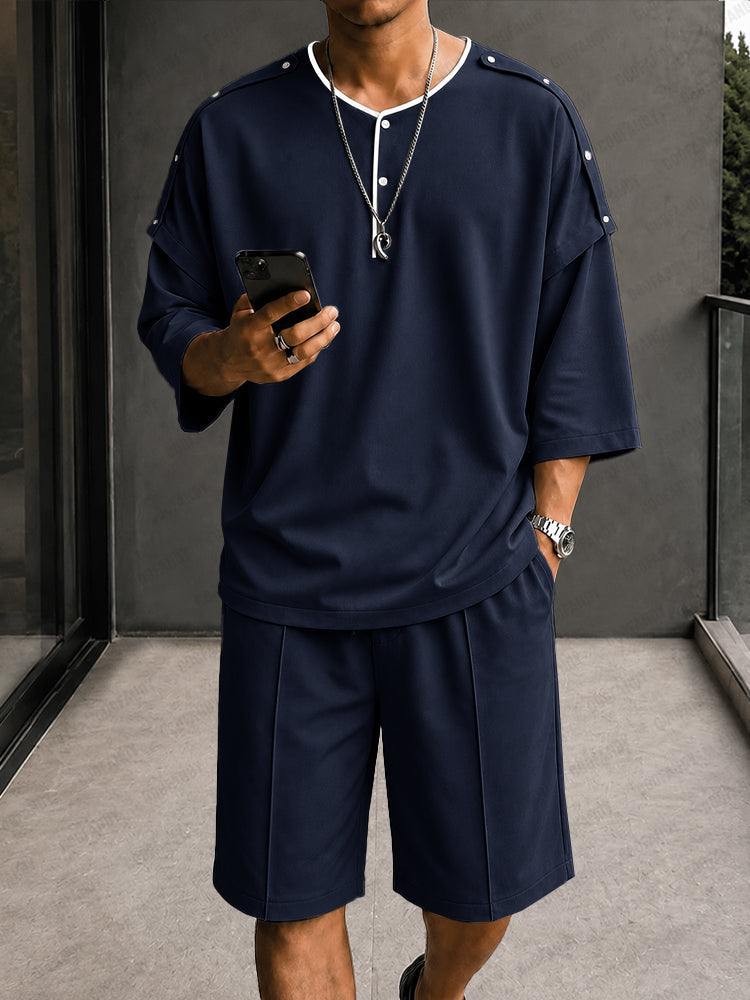 Men’s Casual Henley Two-Piece Set – Short Sleeve Top & Drawstring Pants