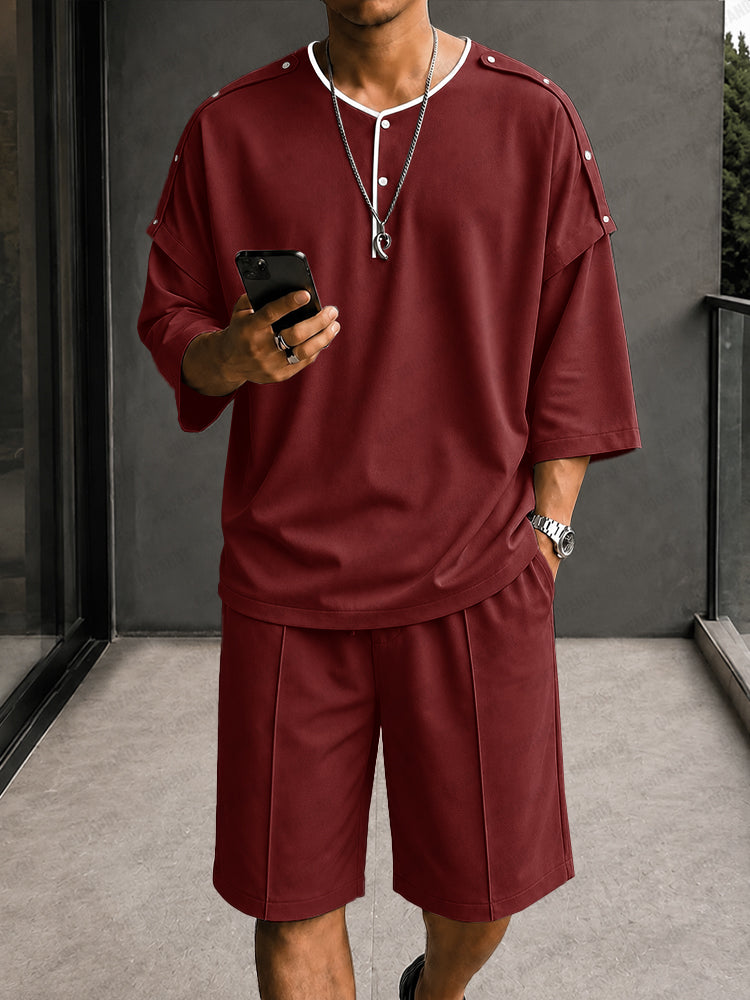Men’s Casual Henley Two-Piece Set – Short Sleeve Top & Drawstring Pants