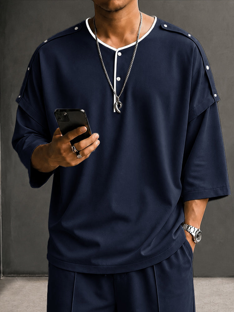 Men’s Casual Henley Two-Piece Set – Short Sleeve Top & Drawstring Pants