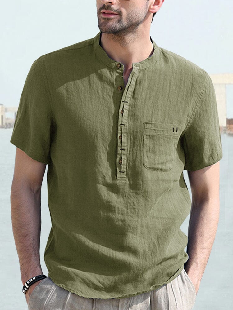 Men's Casual Half Button Cotton Linen Shirt