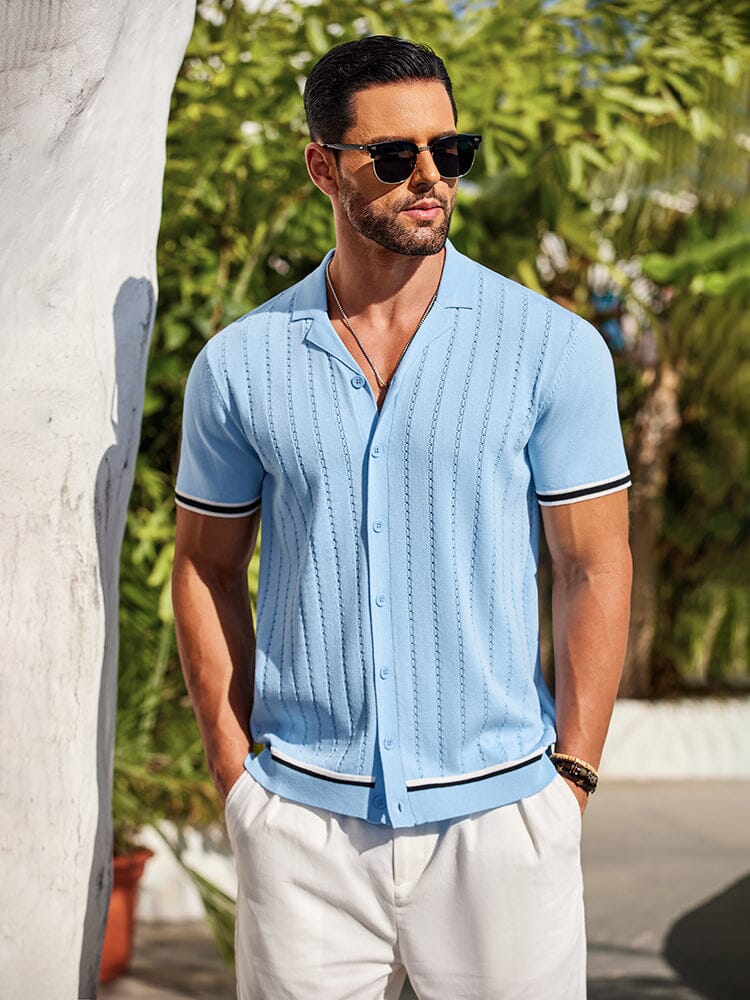 Men's Casual Striped Button-Down Knit Shirt