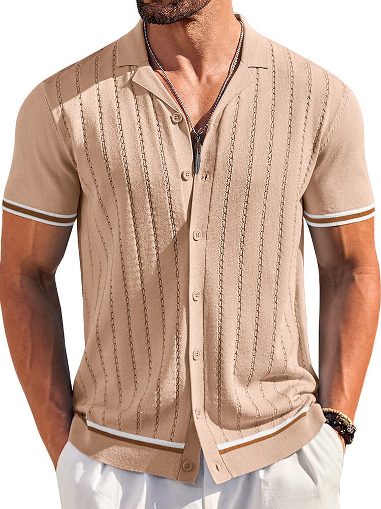 Men's Casual Striped Button-Down Knit Shirt