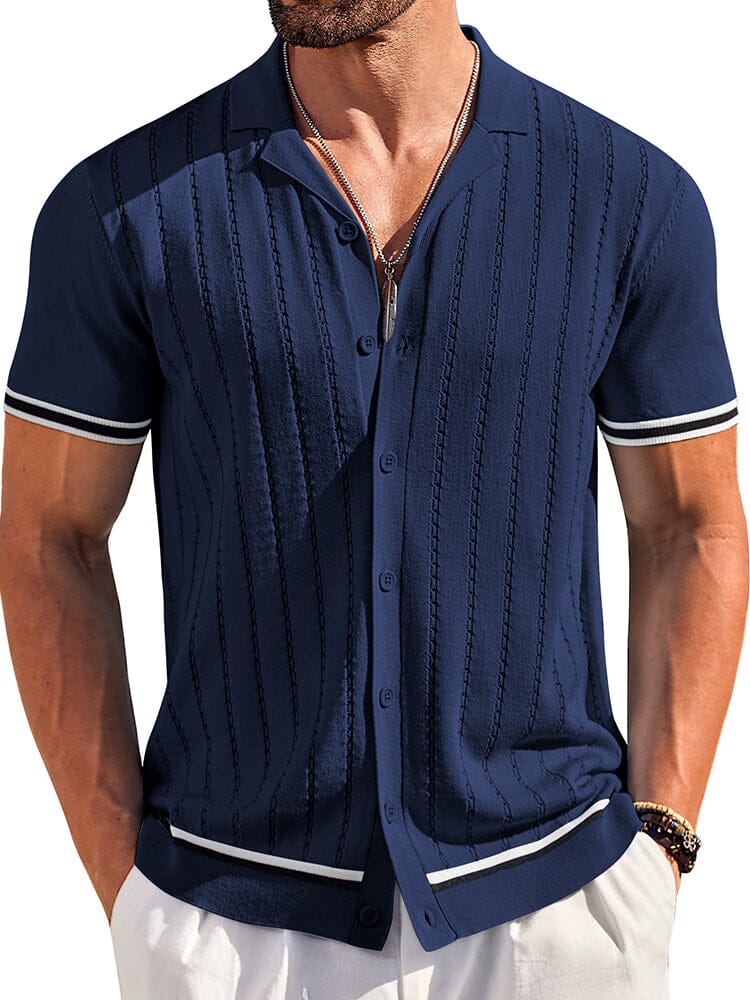 Men's Casual Striped Button-Down Knit Shirt