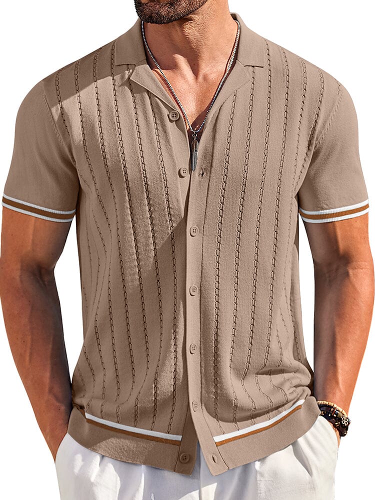 Men's Casual Striped Button-Down Knit Shirt
