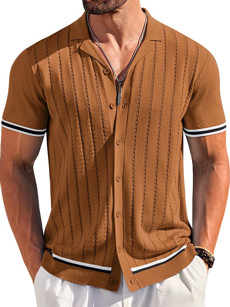 Men's Casual Striped Button-Down Knit Shirt