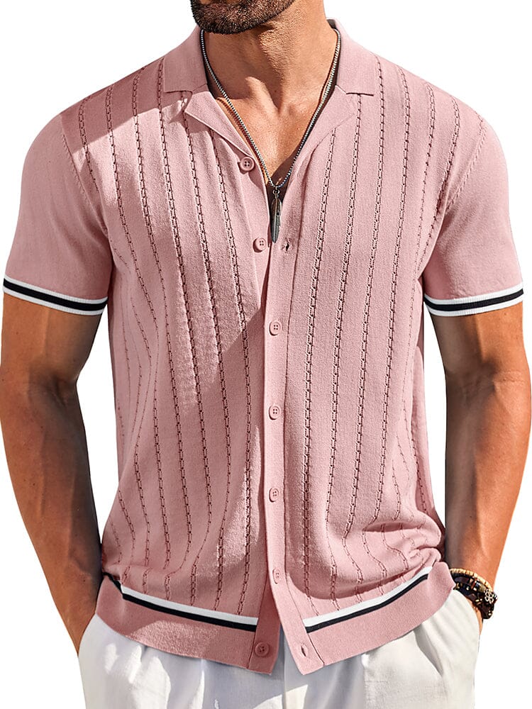 Men's Casual Striped Button-Down Knit Shirt