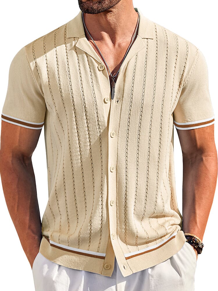 Men's Casual Striped Button-Down Knit Shirt