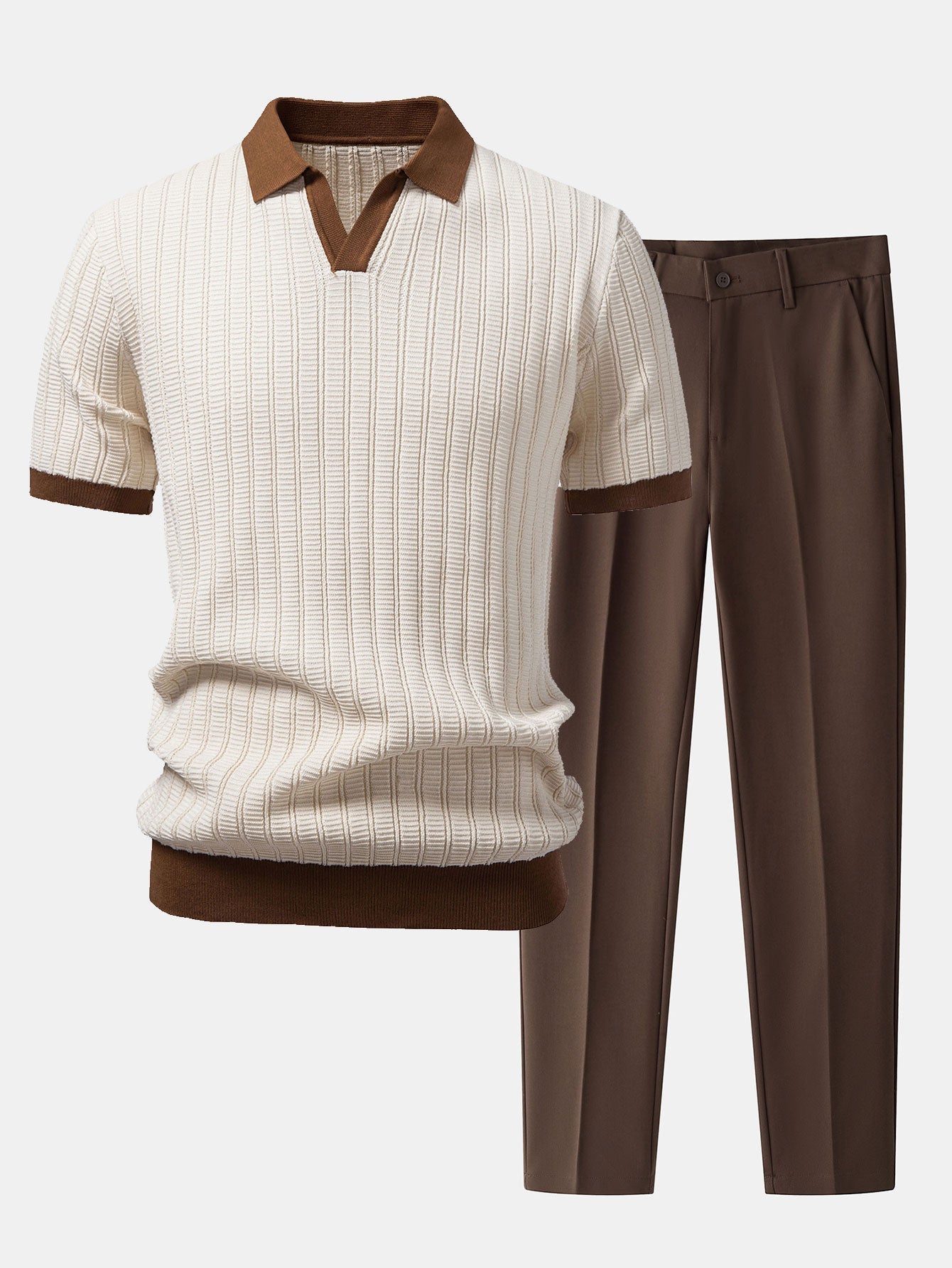 Men's Contrast Textured Johnny Collar Polo Set