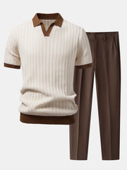 Men's Contrast Textured Johnny Collar Polo Set