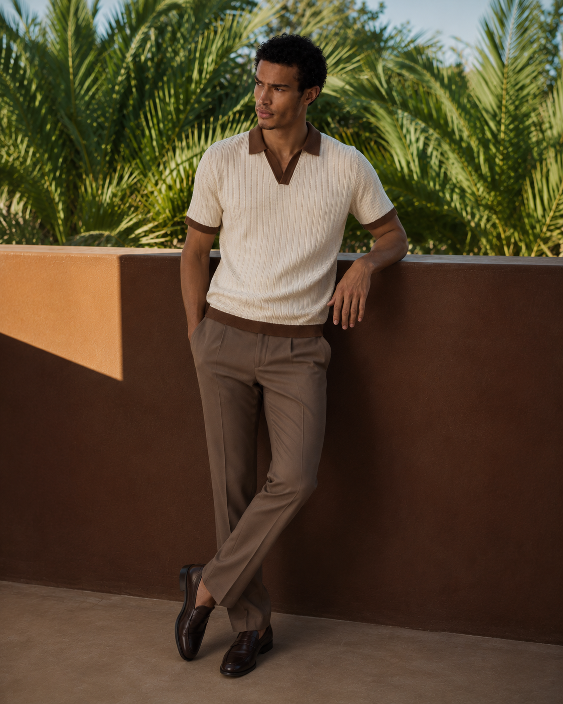 Men's Contrast Textured Johnny Collar Polo Set