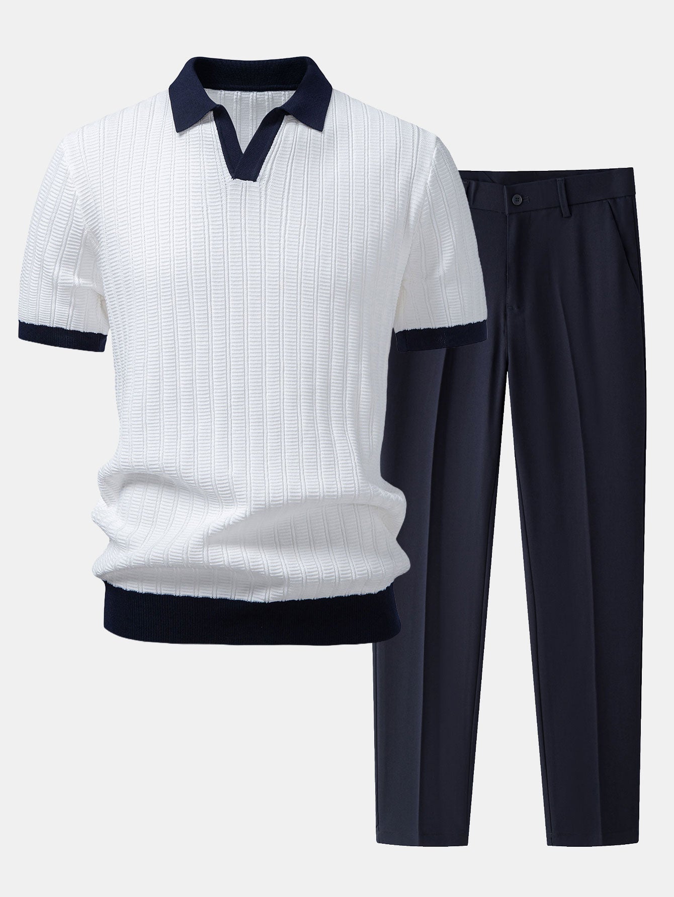 Men's Contrast Textured Johnny Collar Polo Set