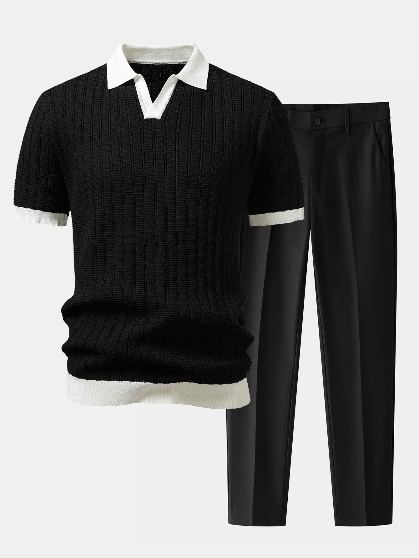 Men's Contrast Textured Johnny Collar Polo Set