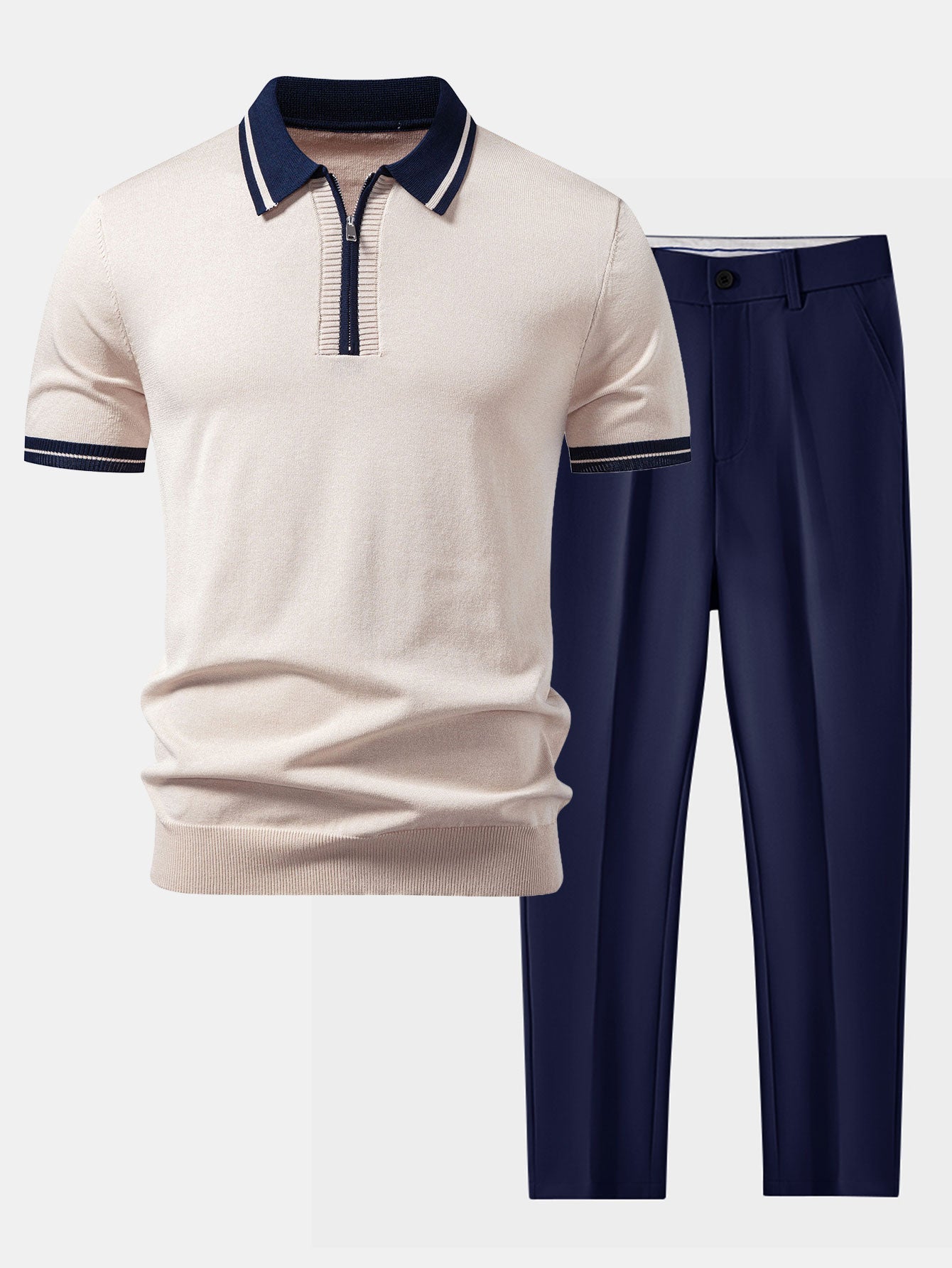 Men's Contrast Trim Knit Polo and Tapered Trousers Set