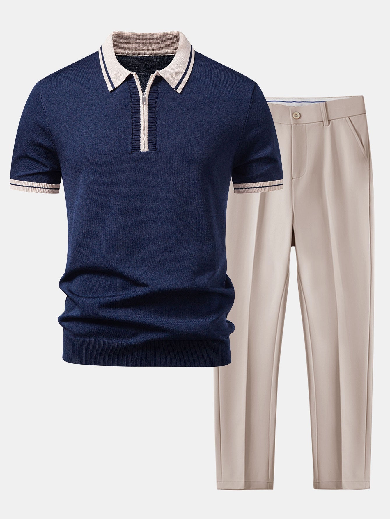 Men's Contrast Trim Knit Polo and Tapered Trousers Set
