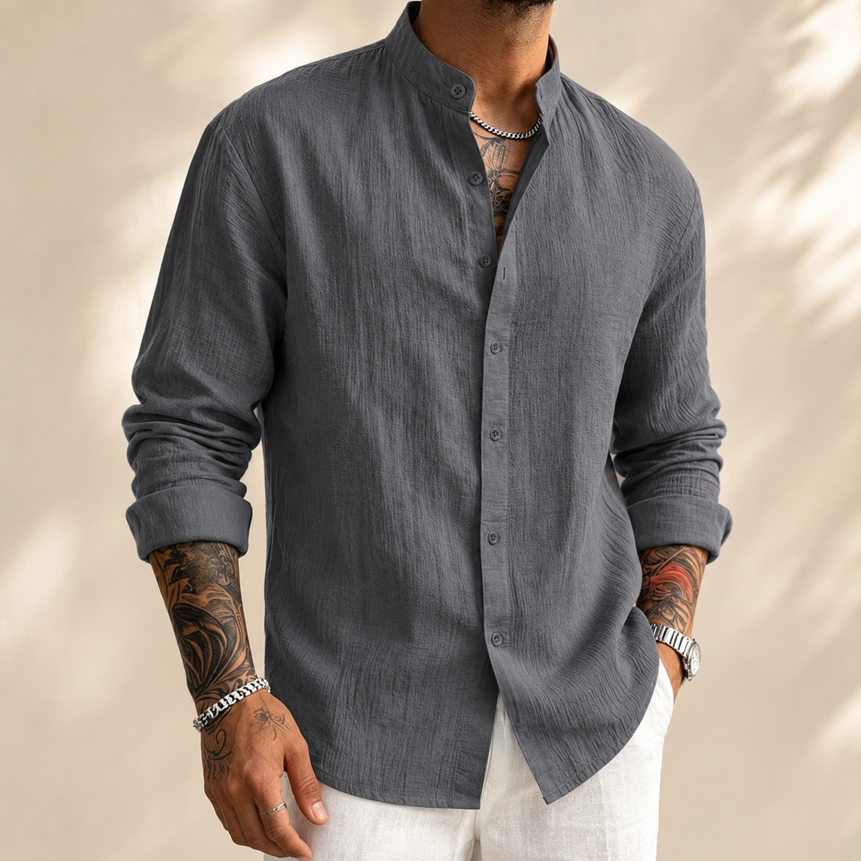 Men's Cotton-Blend Henley Button-Down Shirt