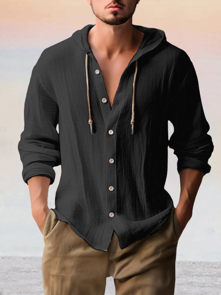 Men's Cotton Linen Long Sleeve Hooded Top